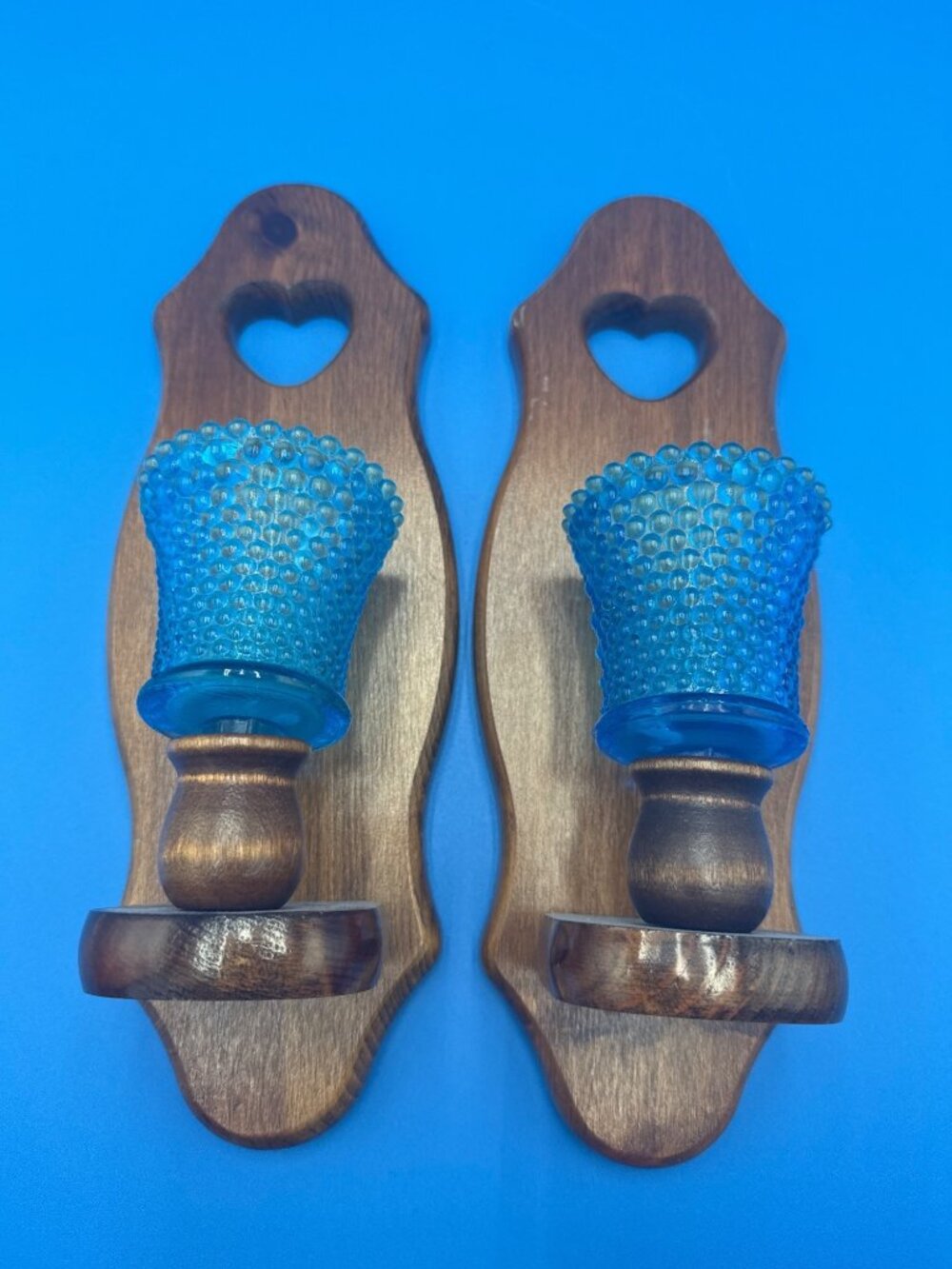Wooden Wall Candle Holders Heart Cutouts Blue Hobnail Glass Shades Votive Wood